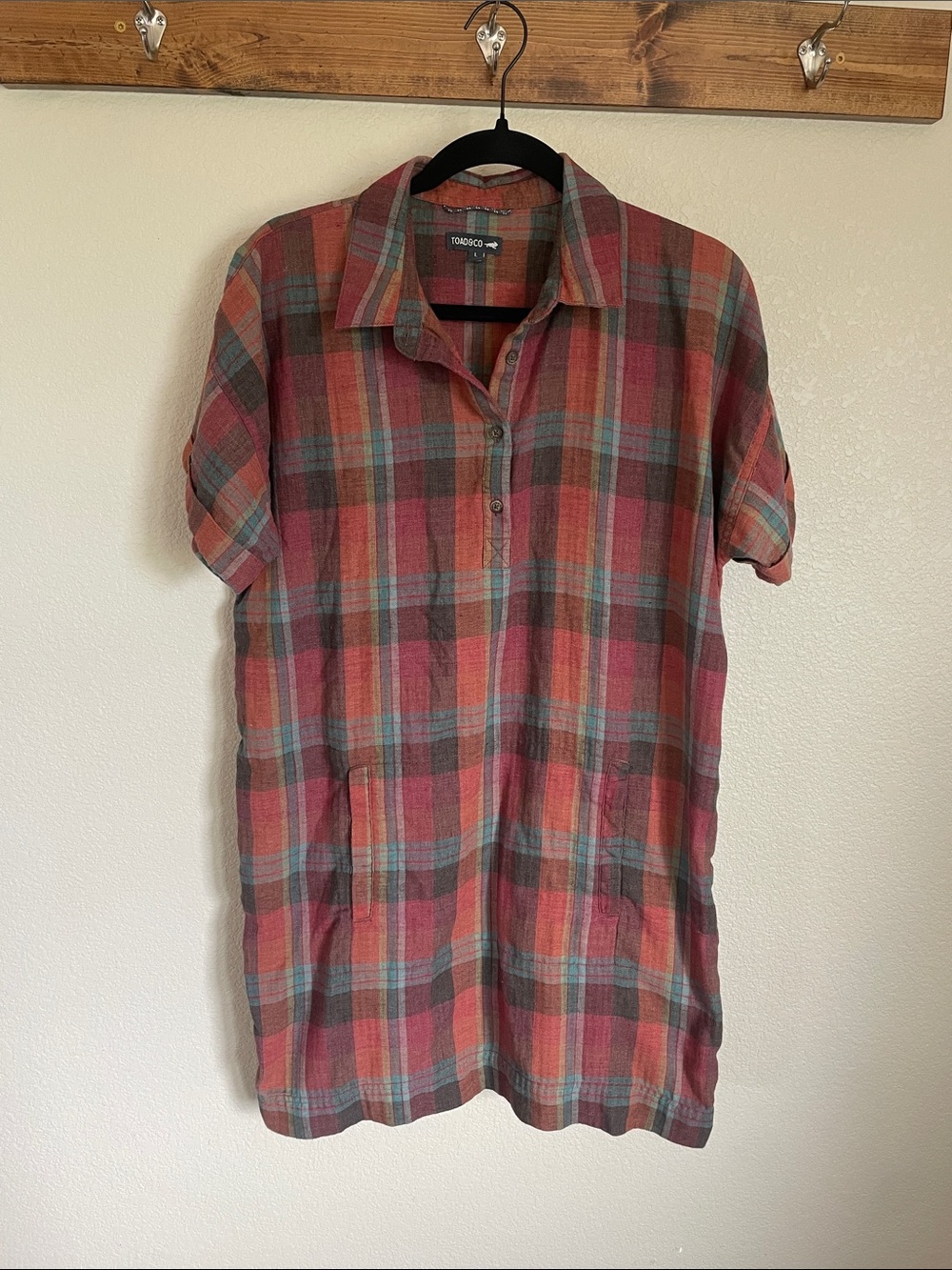 Toad&Co Heartland Plaiditude Shirt Dress Plaid Short-Sleeve L Granola Outdoor